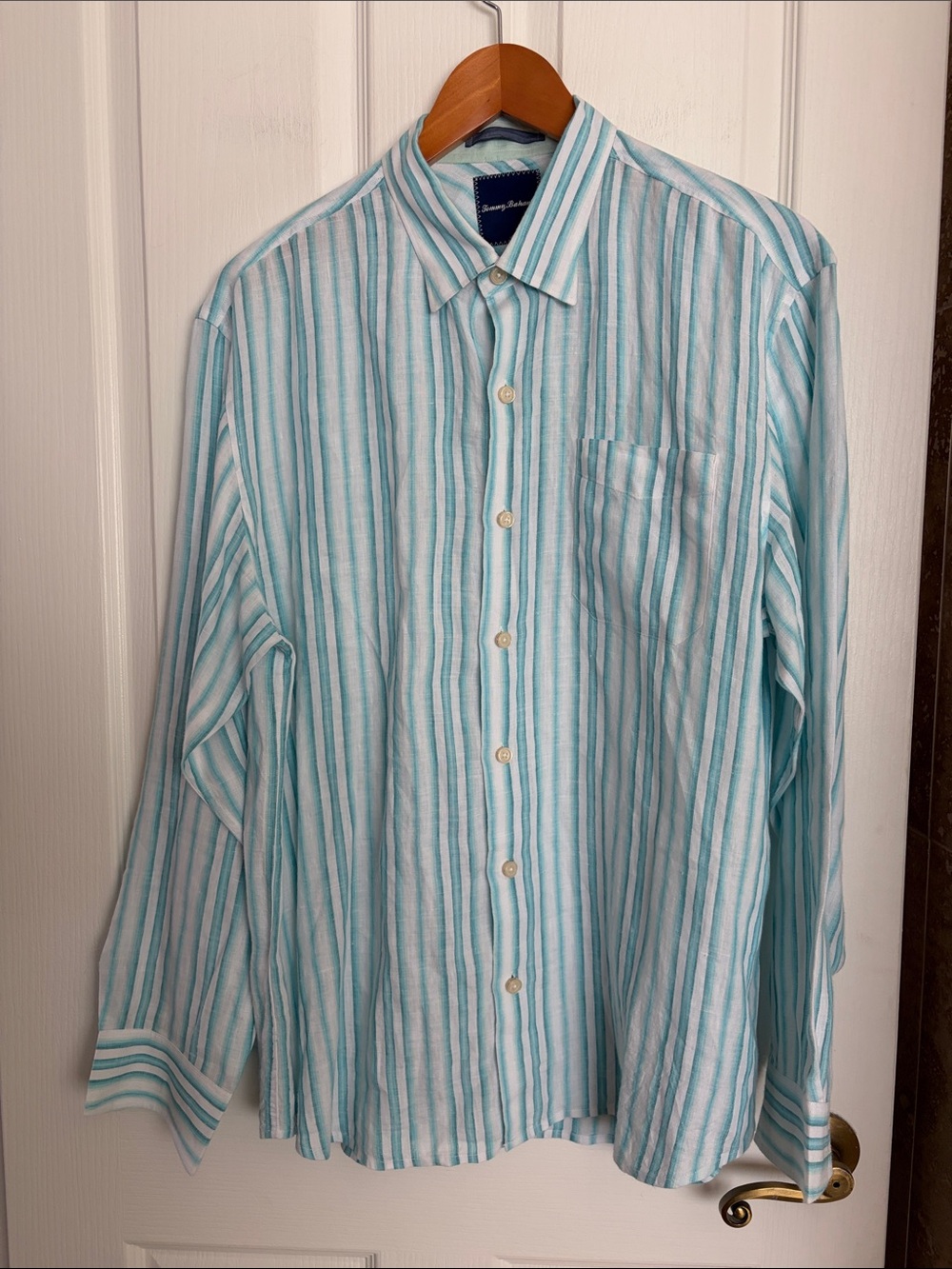 Tommy Bahama Men’s Aqua and White Linen Striped Button-Down Shirt